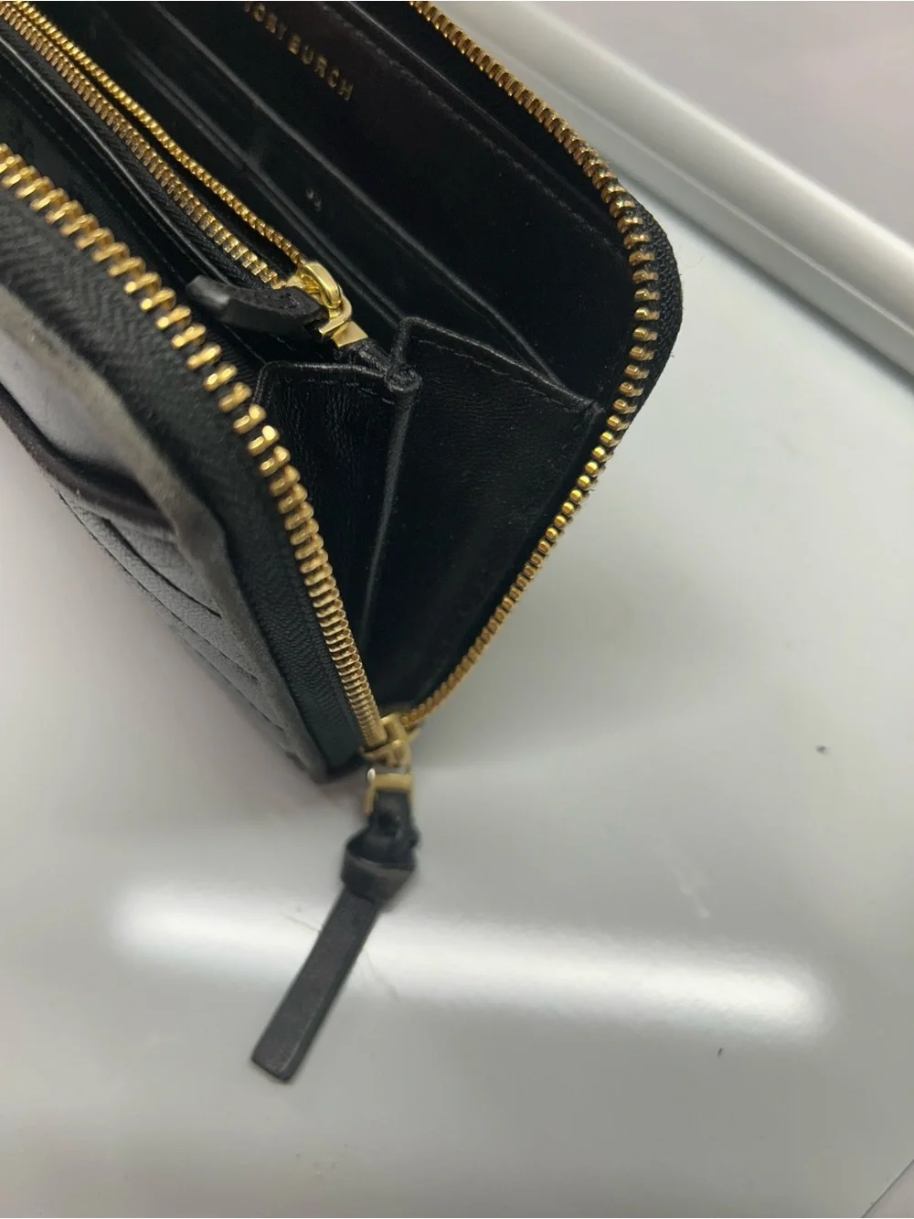 Tory Burch Black Quilted Leather Zip Wallet with Logo